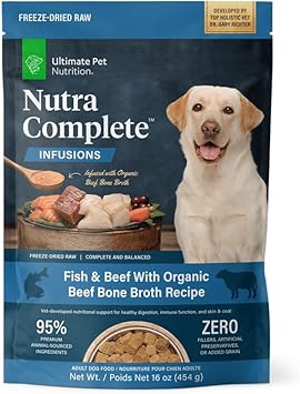 ULTIMATE PET NUTRITION Nutra Complete Bone Broth Infusions, 100% Freeze Dried Veterinarian Formulated Raw Dog Food with Antioxidants Prebiotics and Amino Acids, (1 Pound, Bone Broth Fish)