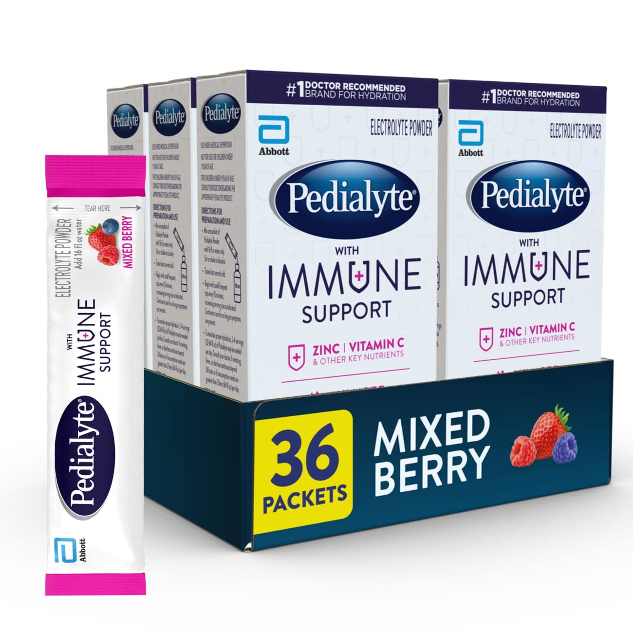 Pedialyte With Immune Support Electrolytes With Vitamin C And Zinc, Advanced Hydration With Preactiv Prebiotics, Mixed Berry, Electrolyte Drink Powder Packets 6 Count(Pack Of 6)