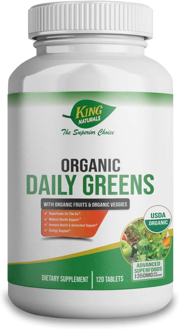 King Naturals Organic Daily Greens with Organic Fruits & Organic Veggies - USDA Certified, Non-GMO, Vegan, Tablets. Superfoods On-The-Go. Immune Health, Antioxidant, Natural Health, Energy Support