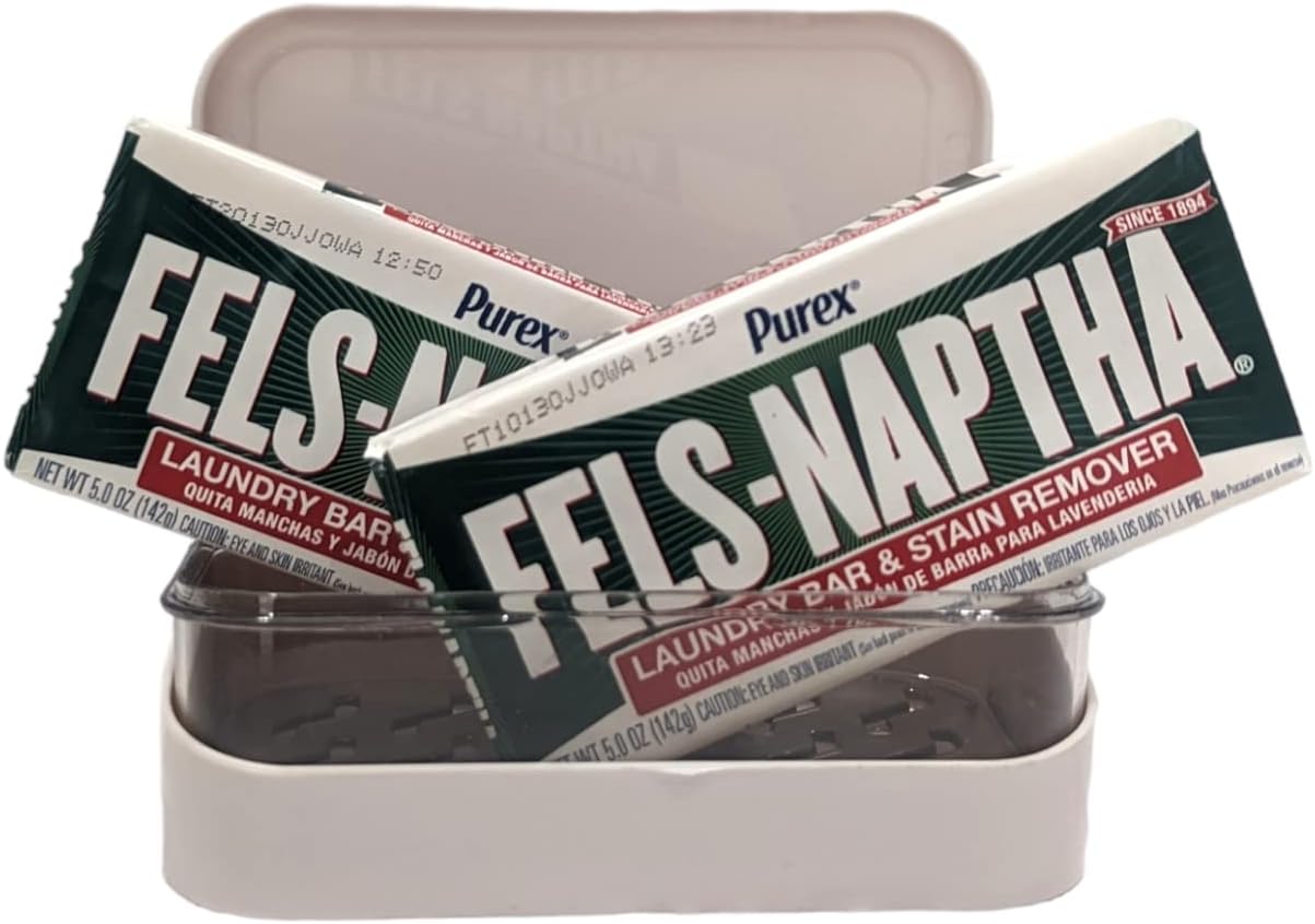 Fels Naptha Laundry Stain Remover Detergent Bar 5oz (Pack of 2) with BlehBlu Soap Box