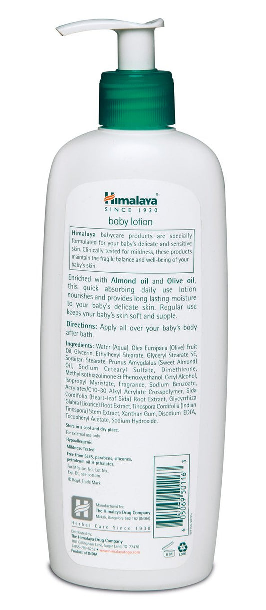 Himalaya Baby Lotion with Olive Oil and Almond Oil, Free from Parabens, Mineral Oil & Lanolin, Dermatologist Tested, 13.53 oz (400 ml) (Pack of 2)