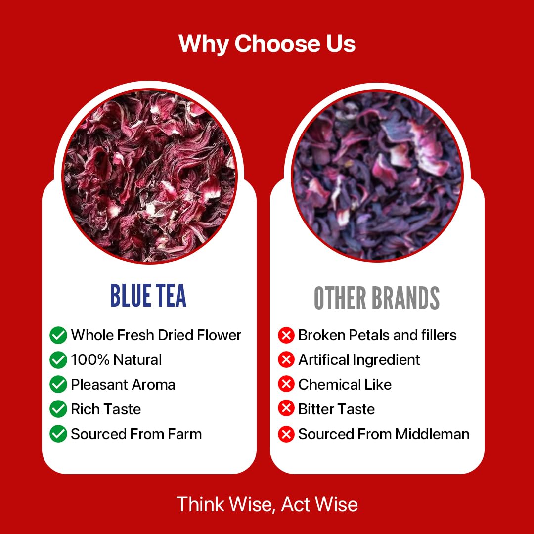 Blue Tea - Hibiscus Tea - 1.76 Oz - 50+ Cups - Loose | Skin Glow Enhancing Tea | Herbal Tea - Flower Based - Non-Bitter - Caffeine Free - Tangy Flavor - Natural Ingredients | Food Grade Pet Jar