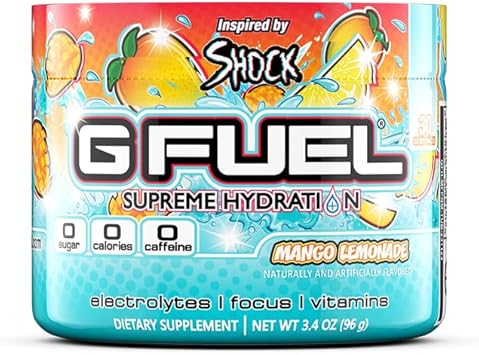 G Fuel Mango Lemonade Electrolytes Powder, Water Mix For Hydration, Energy And Focus, Sugar Free, Zero Caffeine Supplement With Essential Minerals, Mango Lemonade Flavor, 3.4 Oz (30 Servings)