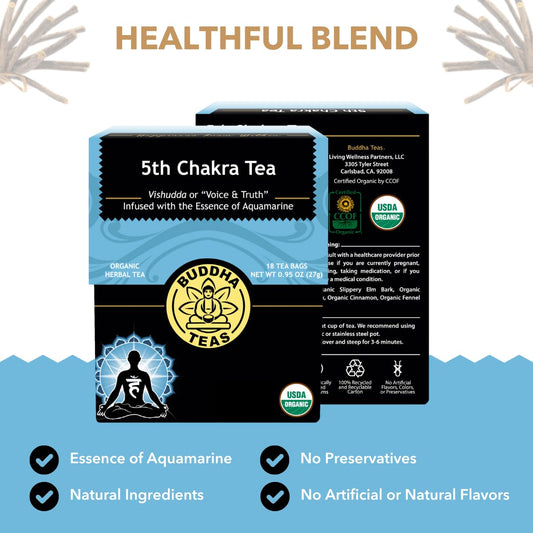 Buddha Teas - 5Th Chakra Tea - Organic Herbal Tea - For Communication, Creativity & Self-Expression - With Licorice, Cinnamon & Aquamarine Essence - Ou Kosher - 18 Tea Bags (Pack Of 1)