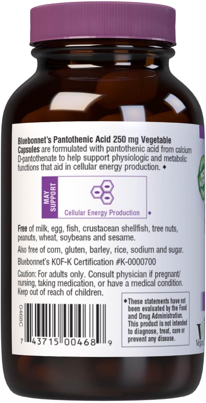 Bluebonnet Pantothenic Acid 250 Mg Vegetable Capsules, 60 Count