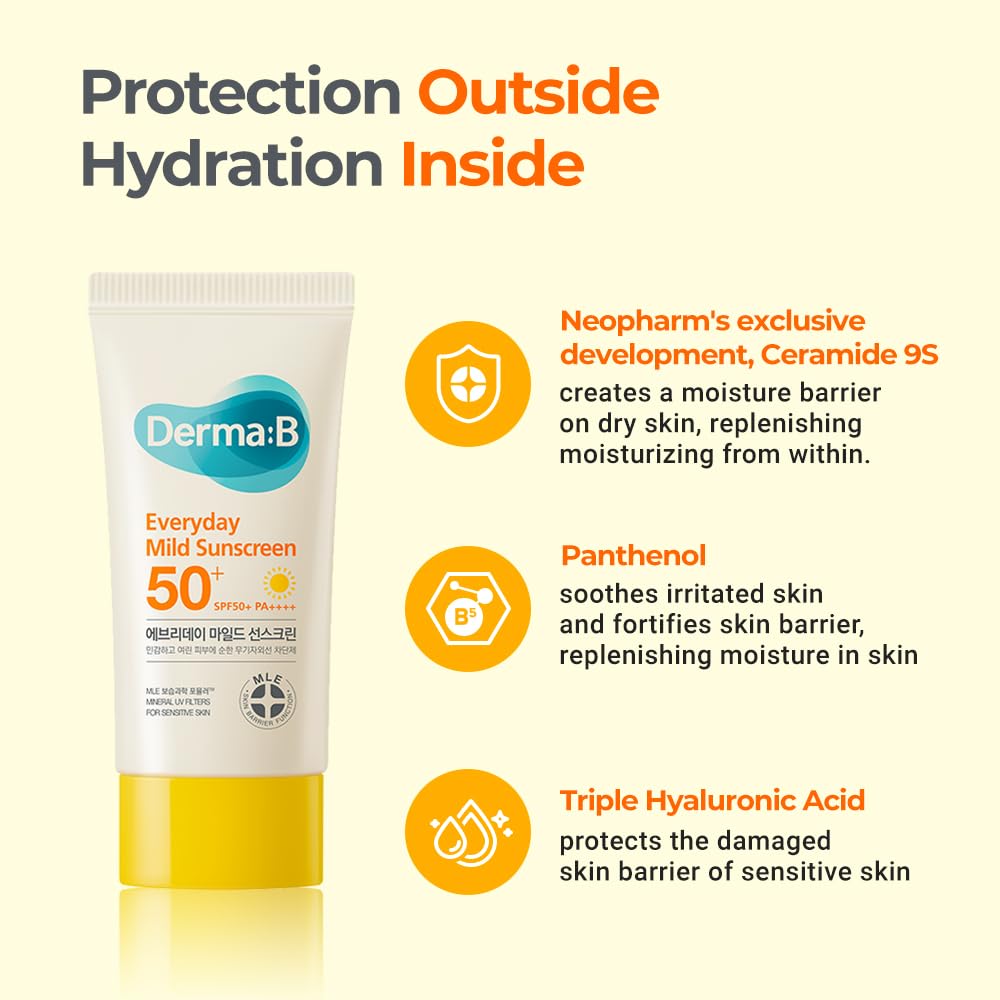 Derma B Everyday Mild Sunscreen SPF50+ PA++++ 1.69 Fl Oz, 50ml Fast-Absorbing Lightweight SPF Sunblock Moisturizer, Facial Body Non-Sticky for Dewy Skin, Korean Sunscreen Lotion for Sensitive Skin : Beauty & Personal Care