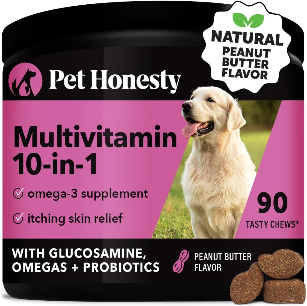 Pet Honesty Multivitamin Dog Supplement, Glucosamine chondroitin for Dogs, Probiotics, Omega Fish Oil, Dog Supplements & Vitamins, Dog Vitamins for Skin and Coat Allergies, (Peanut Butter 90 ct)