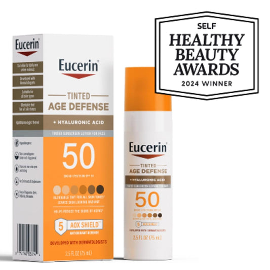 Eucerin Sun Tinted Age Defense Spf 50 Face Sunscreen Lotion, Hypoallergenic, Fragrance Free Tinted Sunscreen Spf 50 With Hyaluronic Acid, 2.5 Fl Oz Bottle