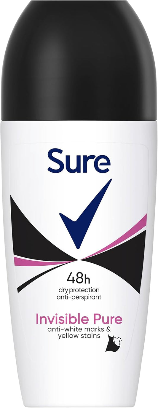Sure Invisible Pure Anti-Perspirant Roll On For 48-Hour Sweat And Odour Protection Deodorant For Women That Protects Against White Marks And Yellow Stains 6X 50 Ml
