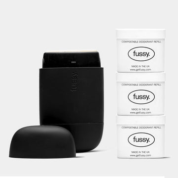 Fussy - Mens Natural Refillable Deodorant - Aluminium Free - 24 Hour Protection - Midnight Black Case & Variety Refill Pack (3 X 40G) - Citrus, Woody & Mint - Vegan & Cruelty Free - 100% Natural