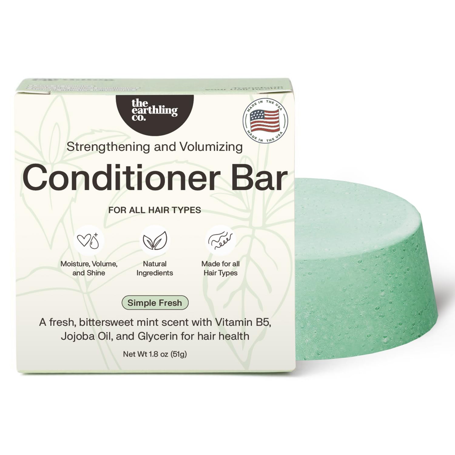 The Earthling Co. Conditioner Bar - Promote Hair Growth, Strengthen & Moisturize All Hair Types - Paraben & Sulfate Free Formula With Natural Ingredients For Dry Hair (Simple Fresh, 1.8 Oz)