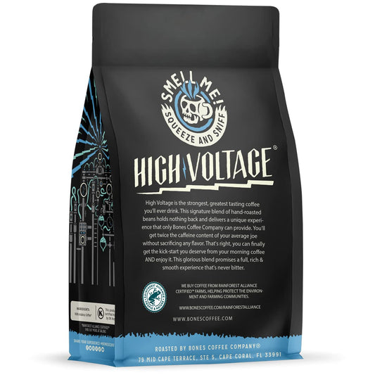 Bones Coffee Company High Voltage Whole Coffee Beans | 12 oz Highly Caffeinated Coffee | Low Acid Medium Roast Gourmet Coffee | Coffee Gifts & Beverages (Whole Bean)