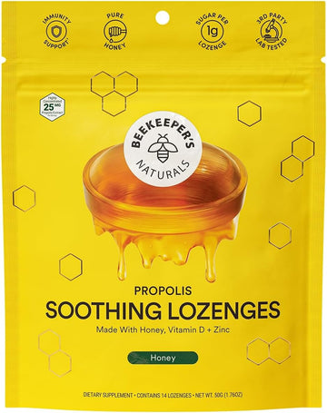 Soothing Honey Cough Drops - Immune Support with Vitamin D, Zinc and Propolis - by Beekeeper's Naturals - Throat Soothing Lozenges, 14 Ct