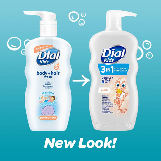 Dial Kids 3-In-1 Body + Hair + Bubble Bath, Peach, 24 Fl Oz (Pack Of 4)