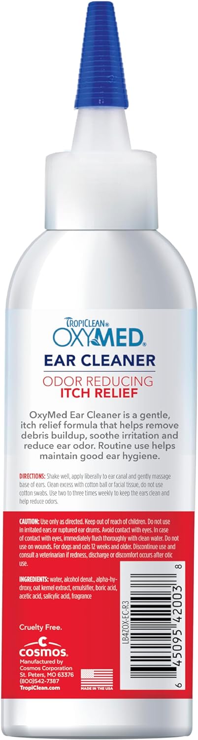 TropiClean Oxymed Cat & Dog Ear Cleaner Solution - Preventative Ear Infection Treatment For Dogs & Cats 4 Ounce