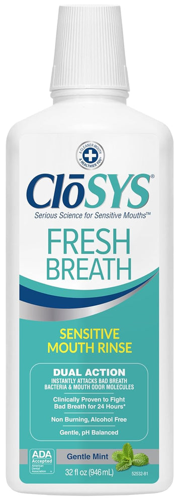 Closys Sensitive Mouthwash, 32 Ounce, Gentle Mint, Alcohol Free, Dye Free, Ph Balanced, Helps Soothe Mouth Sensitivity, Fights Bad Breath