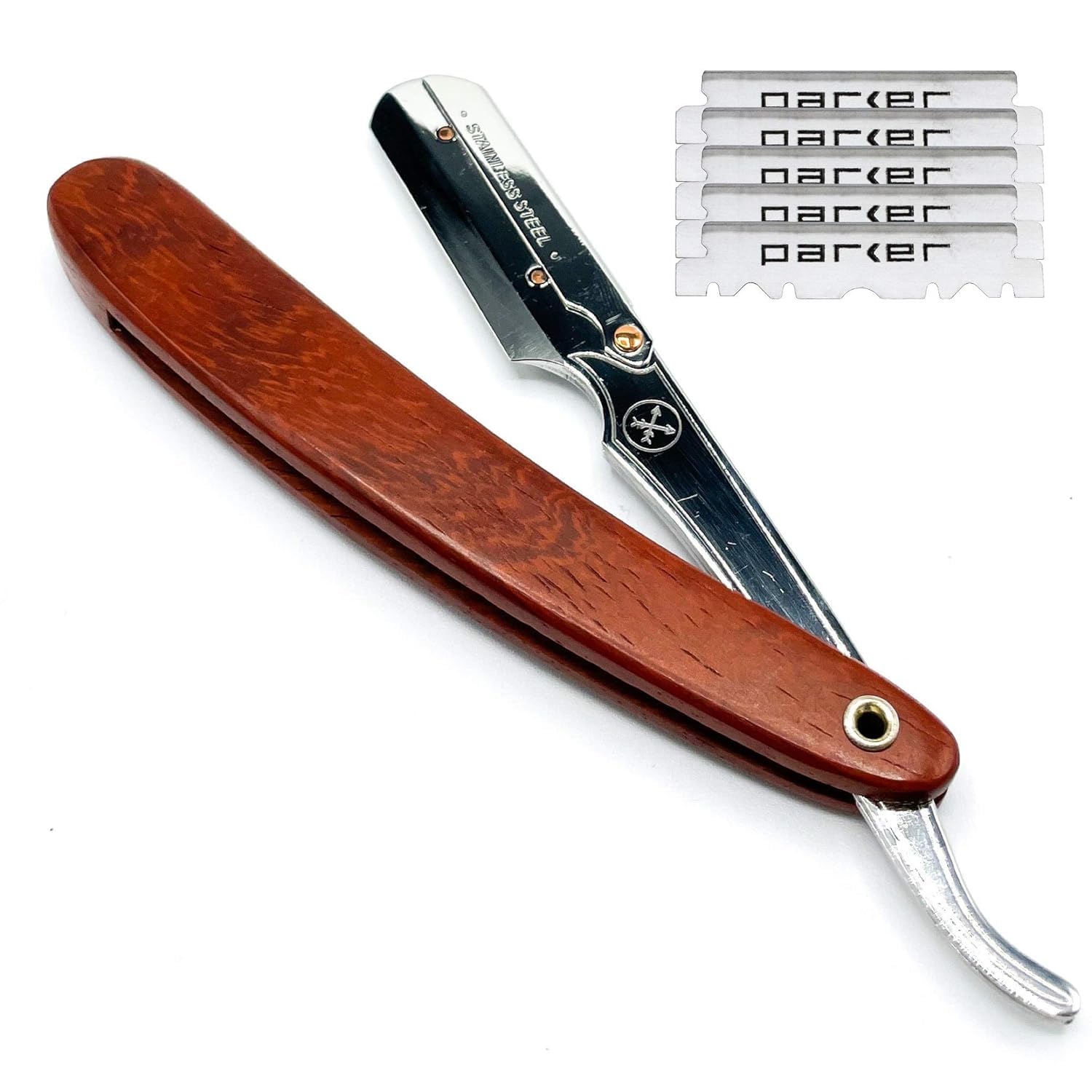 Parker Srrw Professional Shavette Razor - Rosewood Handle, Stainless Steel Arm & Clip Lock System For Secure Blade Fit, 5 Blades Included