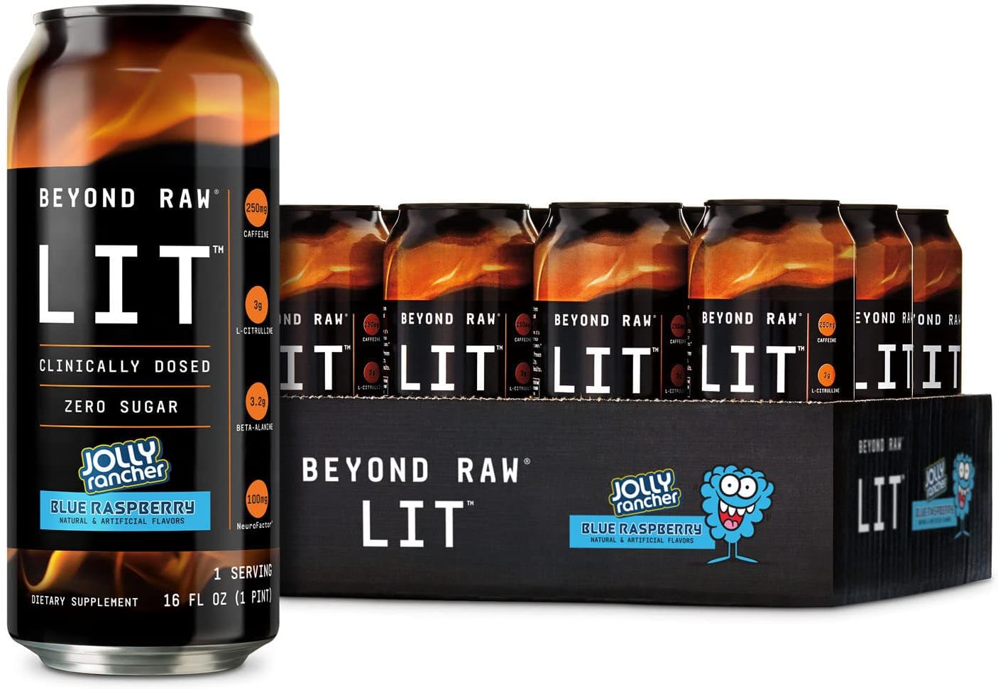 BEYOND RAW LIT On The Go | Ready to Drink Cans | Contains Caffeine, L-Citrulline, Beta-Alanine, and Nitric Oxide | Jolly Rancher Blue Raspberry | 12 Count