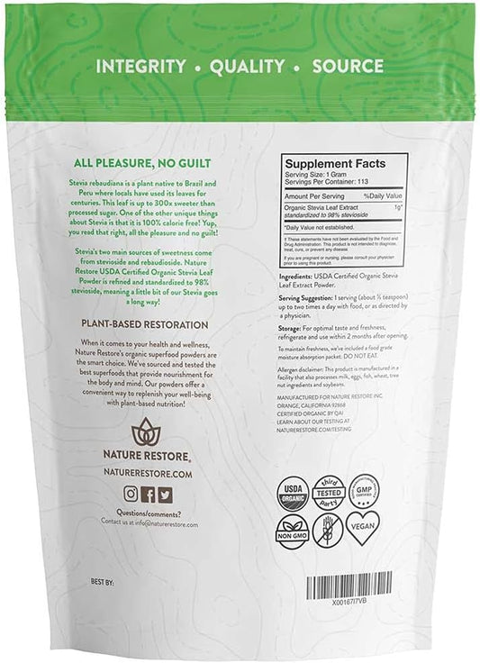 Nature Restore Usda Certified Organic Stevia Leaf Extract Powder, 4 Ounces, Non Gmo, Gluten Free, 100% Natural Stevia Sweetener