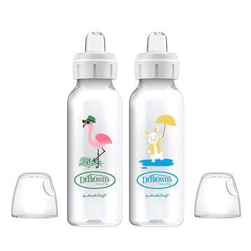 Dr. Brown'S Milestones Narrow Sippy Bottle, 100% Silicone Soft Sippy Spout, 8Oz/250Ml, Flamingo & Bunny, 6M+