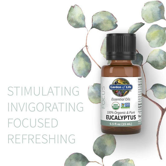 Garden Of Life Essential Oil, Eucalyptus Usda Organic & Pure, Undiluted & Non-Gmo For Diffuser, Aromatherapy, Meditation, Clarity & Focus, Stimulate, Invigorate, Refresh, 0.5 Fl Oz, Pack Of 24