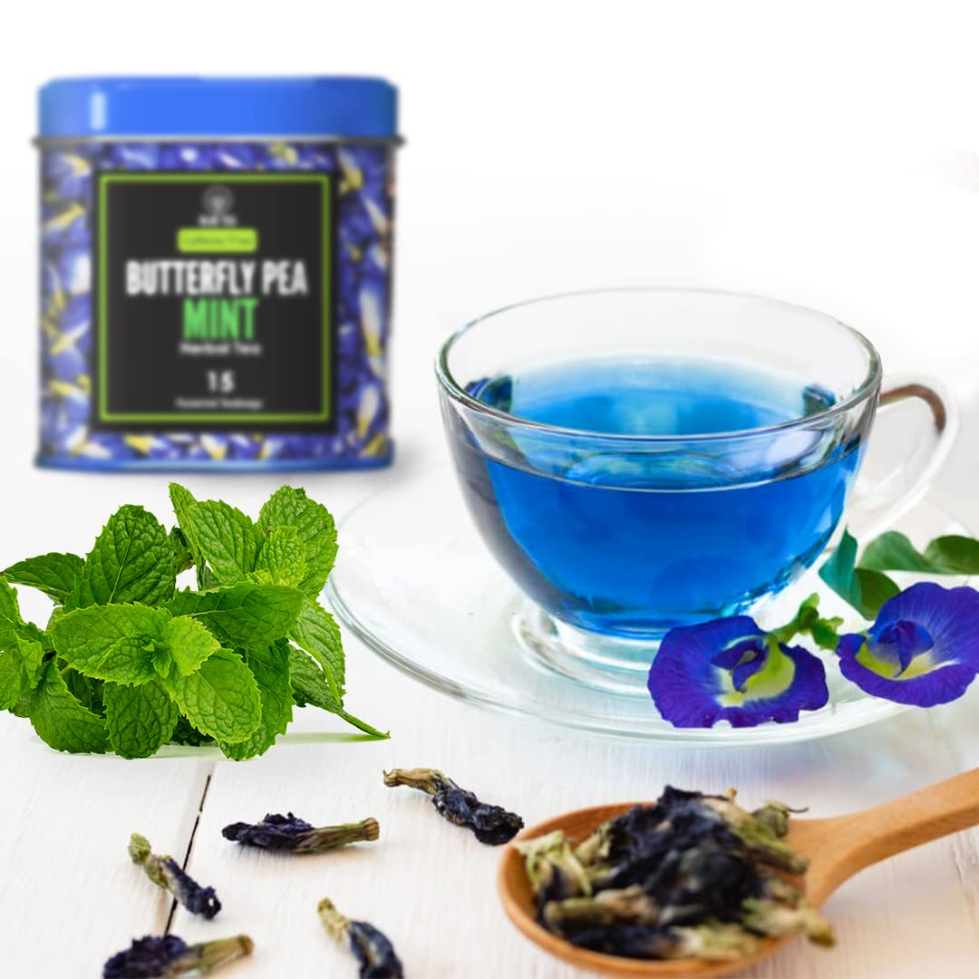 Blue Tea - Butterfly Pea Flower Tea - Mint -15 Count - Plant Based Tea Bag | Refreshing Blend | Anti-Oxidant - Flower Based - Herbal Tea - Caffeine-Free - Non-Gmo - Vegan | Eco-Conscious Tin Pack