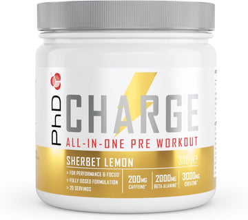 Phd Charge, All In One Pre Workout Powder With Creatine For Women And Men, Rich In Beta Alanine, High Caffeine For Pre-Workout, Sherbert Lemon Flavour, 20 Servings Per 300G Bottle