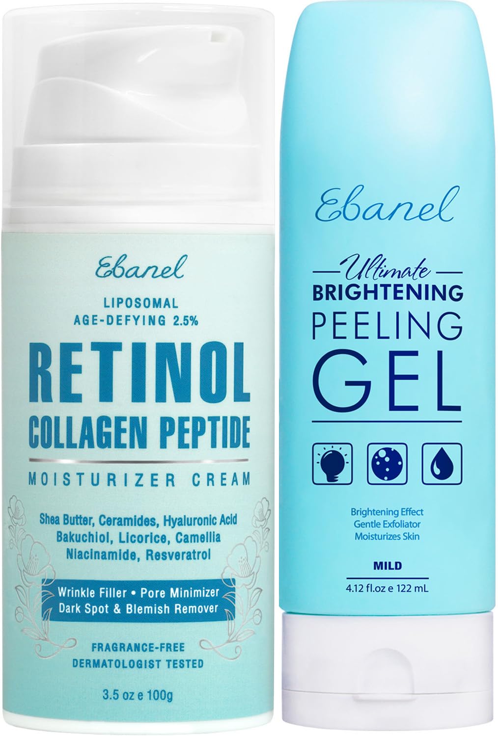 Ebanel Bundle of 2.5% Retinol Moisturizer, and Exfoliating Face Scrub Peeling Gel 4.12 Oz