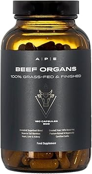 Ape Nutrition Beef Organs Grass Fed - Liver Kidney Heart Organ Capsules, Ancestral Supplement Uk, 100% Grass Fed & Finished, No Antibiotics Hormones Or Gmos, 180 500Mg Capsules