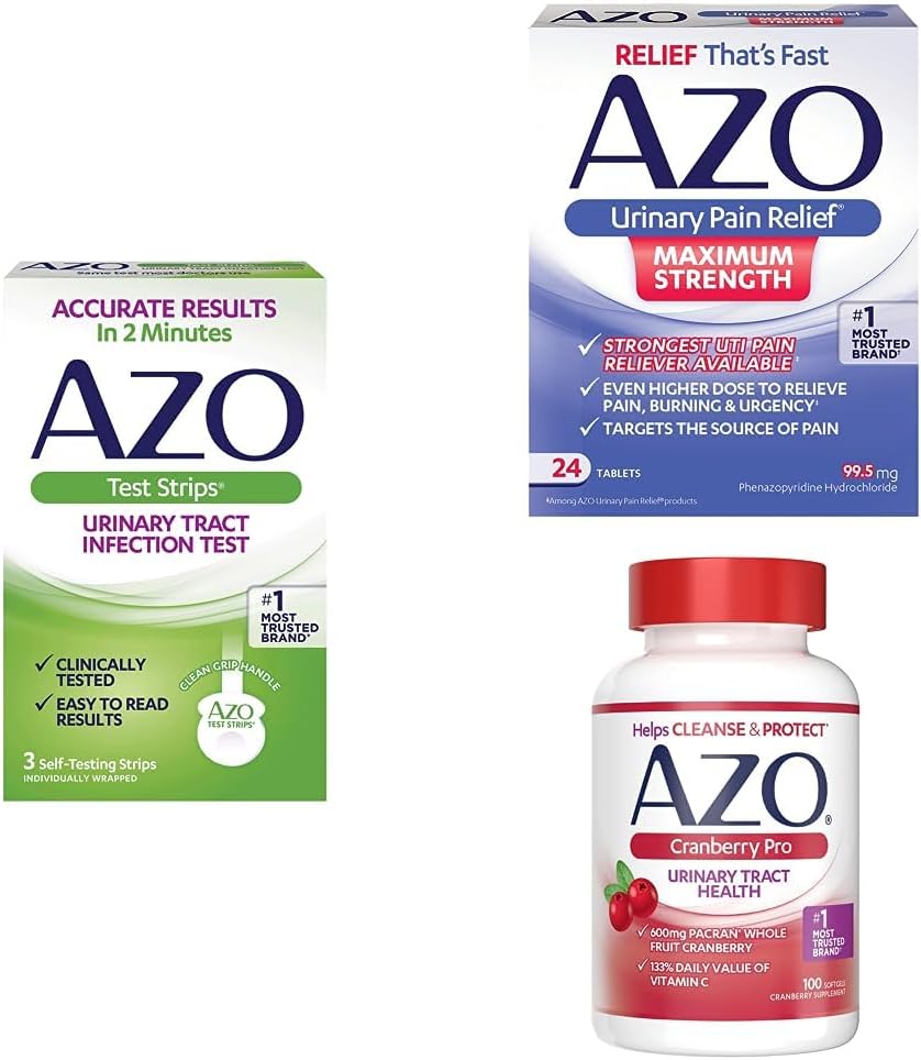 Azo Uti Pain Relief Bundle Uti Test Strips 3Ct, Urinary Pain Relief Max Strength 24Ct, Cranberry Pro Supplement 100Ct