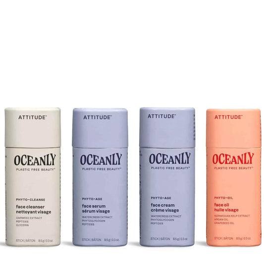 ATTITUDE Oceanly Aging Skin Daily Facial Care Routine Box Set, EWG Verified, Plastic-free, Plant and Mineral-Based Ingredients, Vegan and Cruelty-free, PHYTO AGE, Set of 4 Travel Size Bars