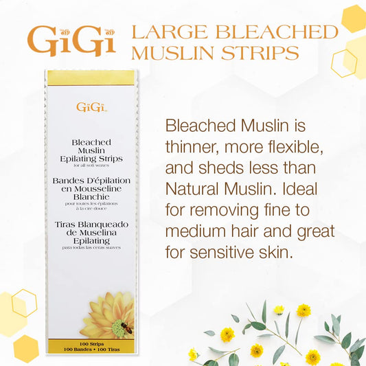 Gigi Large Bleached Muslin Epilating Strips For Hair Waxing And Removal, 100 Strips