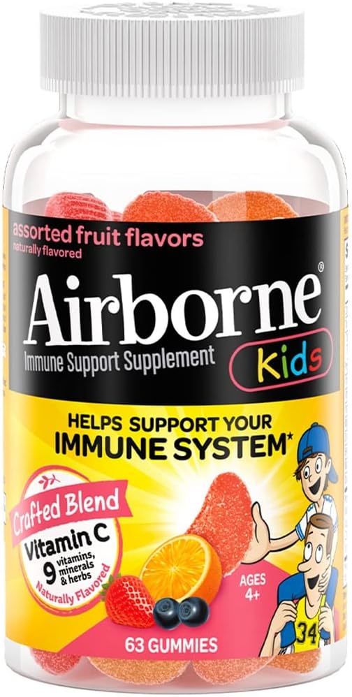 Airborne KIDS 500mg Vitamin C Gummies, Kids Immune Support Zinc Gummies With Powerful Antioxidants Vit C & E - 63 , Assorted Fruit Flavor