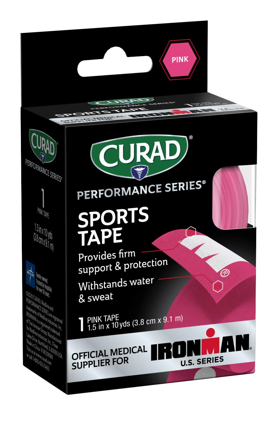 Curad Curim5024H Performance Series Ironman Sport Tape, Pink With White Ironman Logo, 1.5" X 10 Yards Size