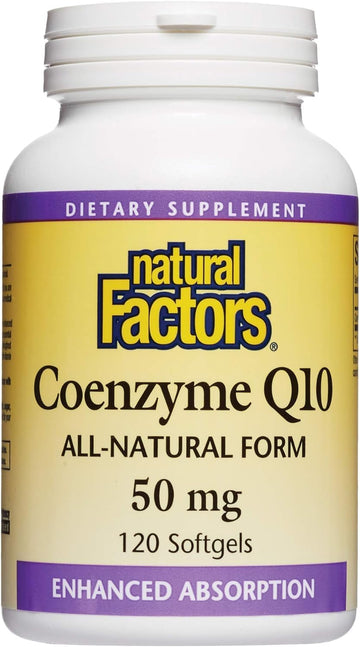 Natural Factors, Coenzyme Q10 50Mg, Coq10 Supplement For Energy, Heart And Antioxidant Support, Gluten Free, 120 Softgels (120 Servings)