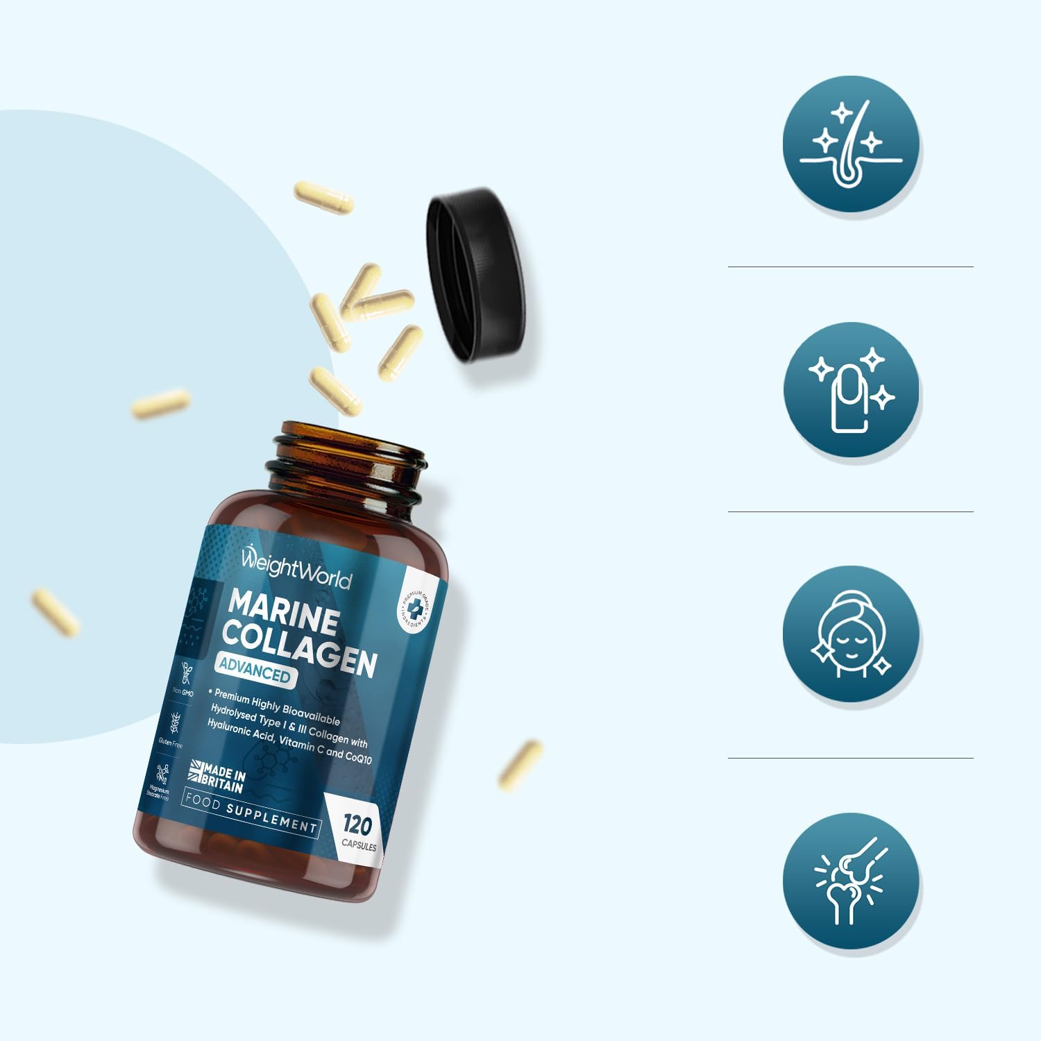 Marine Collagen Advanced Capsules 1455mg - 120 Capsules - Type 1 & 3 Collagen Supplements for Women & Men - Hydrolysed Fish Peptides Complex with Hyaluronic Acid, Vitamin C, Zinc & CoQ10 : Amazon.co.uk: Health & Personal Care