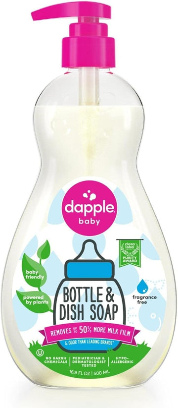 Dapple Baby Bottle Soap & Dish Soap Baby, Fragrance Free, 16.9 Fl Oz Bottle - Plant Based Dish Liquid For Dishes & Baby Bottles - Hypoallergenic Soap, Liquid Soap