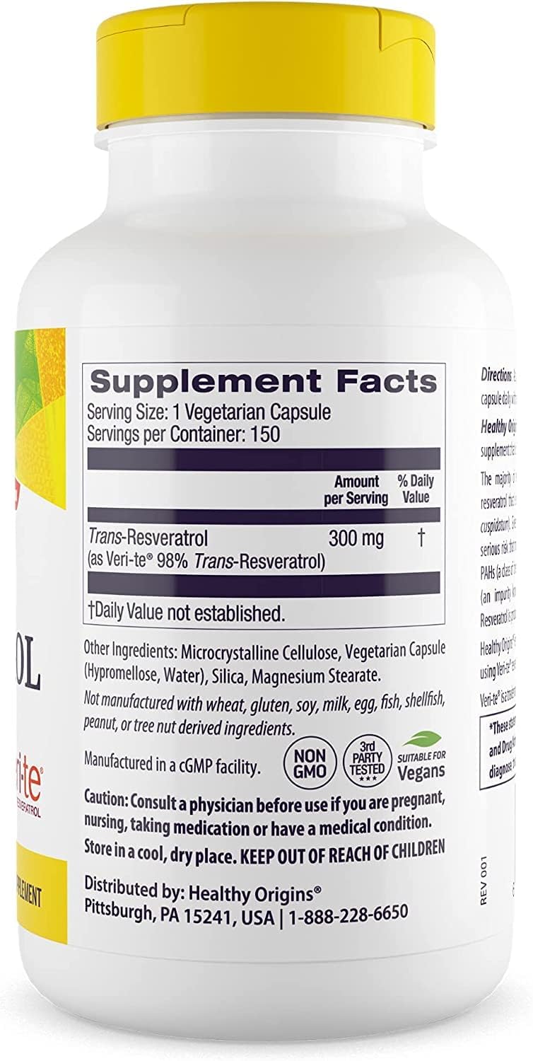 Healthy Origins Resveratrol (Trans-Resveratrol), 300 mg - European Resveratrol Nutritional Supplements - Vegan, Non-GMO & Gluten-Free Antioxidant Supplement - 150 Veggie Capsules