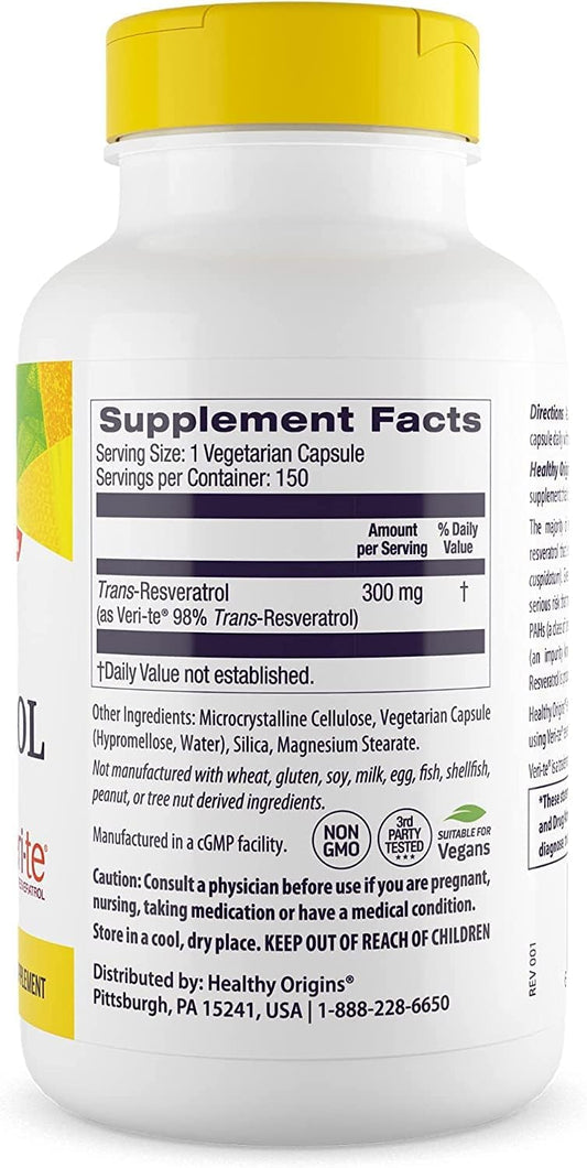 Healthy Origins Resveratrol (Trans-Resveratrol), 300 mg - European Resveratrol Nutritional Supplements - Vegan, Non-GMO & Gluten-Free Antioxidant Supplement - 150 Veggie Capsules