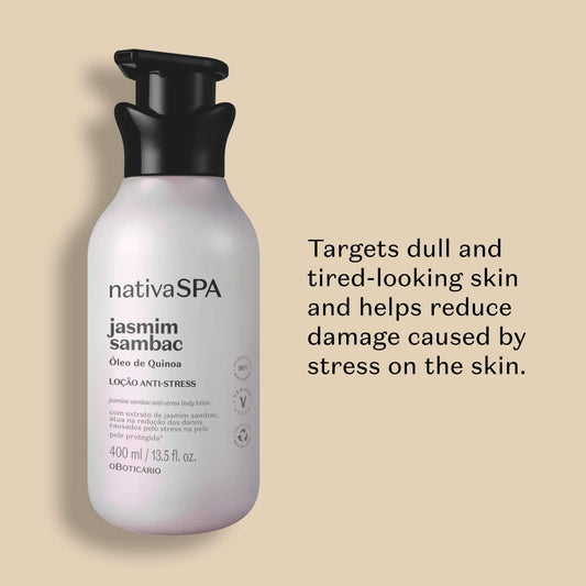 Nativa Spa By O Boticario Jasmin Sambac Anti-Stress Body Lotion, Fragranced Moisturizer Enriched With Purified Quinoa Drops To Boost Hydration, 13.5 Ounce (400Ml)