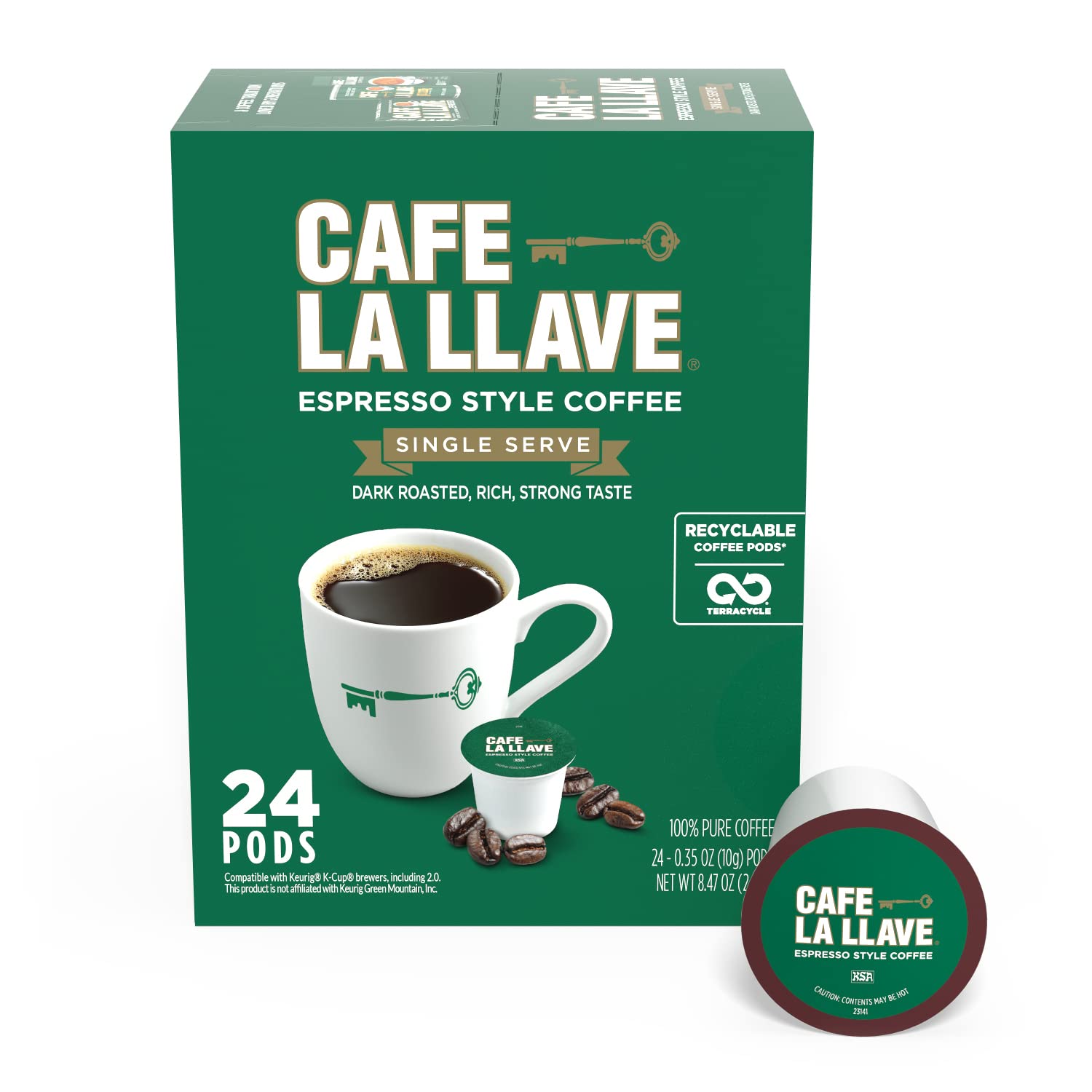 Cafe La Llave Espresso-Style Dark Roast Coffee Pods For Keurig K-Cup Brewers - Bold, Rich Flavor - 24 Count Single Serve Recyclable Capsules - Premium Arabica Beans - Family Crafted
