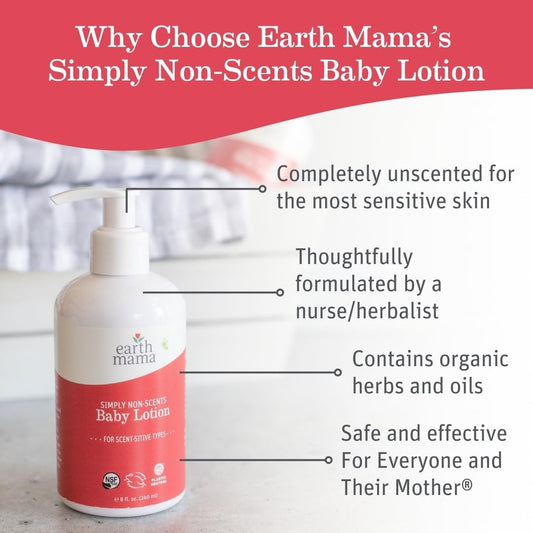 Earth Mama Simply Non-Scents Baby Lotion For Dry Skin, Calendula Cream For Newborn Skin Care, Organic Moisturizer For Children With Aloe Juice, Rooibos, & Shea Butter, Fragrance Free, 8-Fluid Ounce