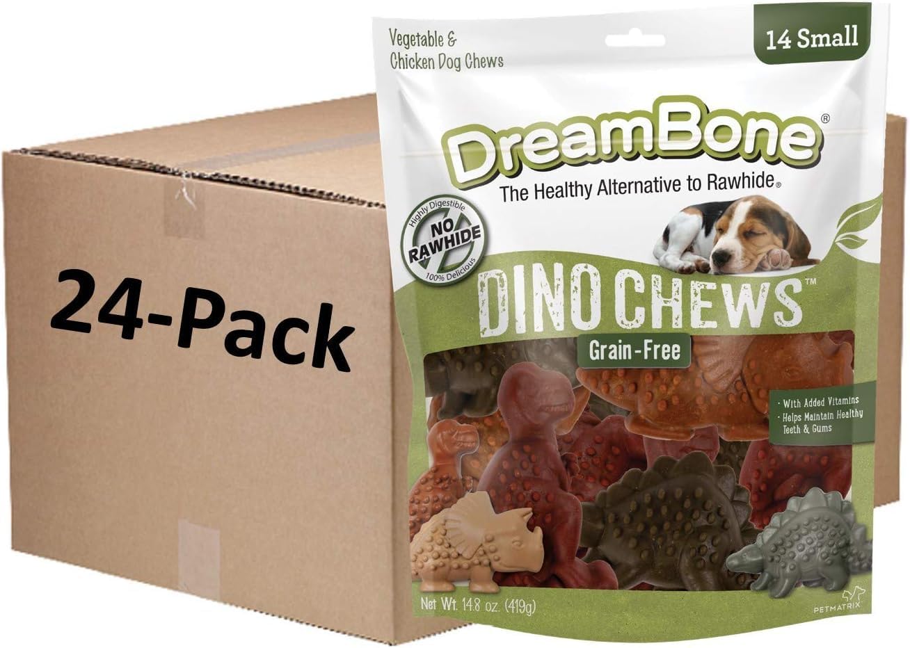 Dreambone Small Dinochews, Grain Free Dog Chews, 14 Count (Pack Of 24)