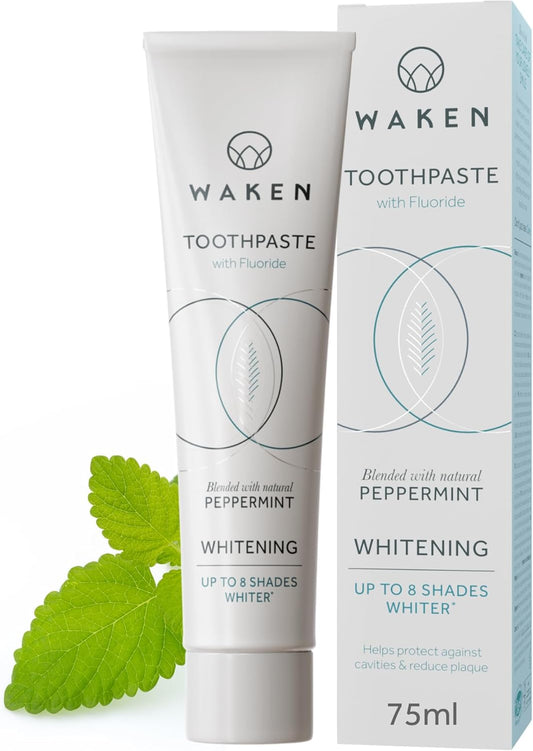 Waken Whitening Toothpaste, Clinically Tested Whitening Formula For Up To 8 Shades Whiter Teeth, Prevents Enamel Stains, Sls-Free, Vegan Friendly, 100% Recyclable, Natural Peppermint Flavour, 75Ml