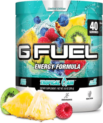 Gamma Labs G Fuel Tropical Rain Energy Powder, Sugar Free, Clean Caffeine Focus Supplement, Water Mix, Fruit Medley Flavor, Focus Amino, Vitamin + Antioxidants Blend, 9.8 Oz (40 Servings)