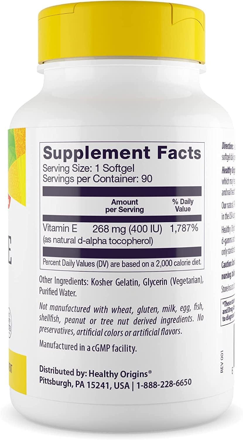 Healthy Origins Vitamin E, 400 IU with Naturally Sourced Mixed Tocopherols - Vitamin E Supplement - Non-GMO & Gluten-Free Skin, Hair, & Nails Vitamin - 90 Softgels