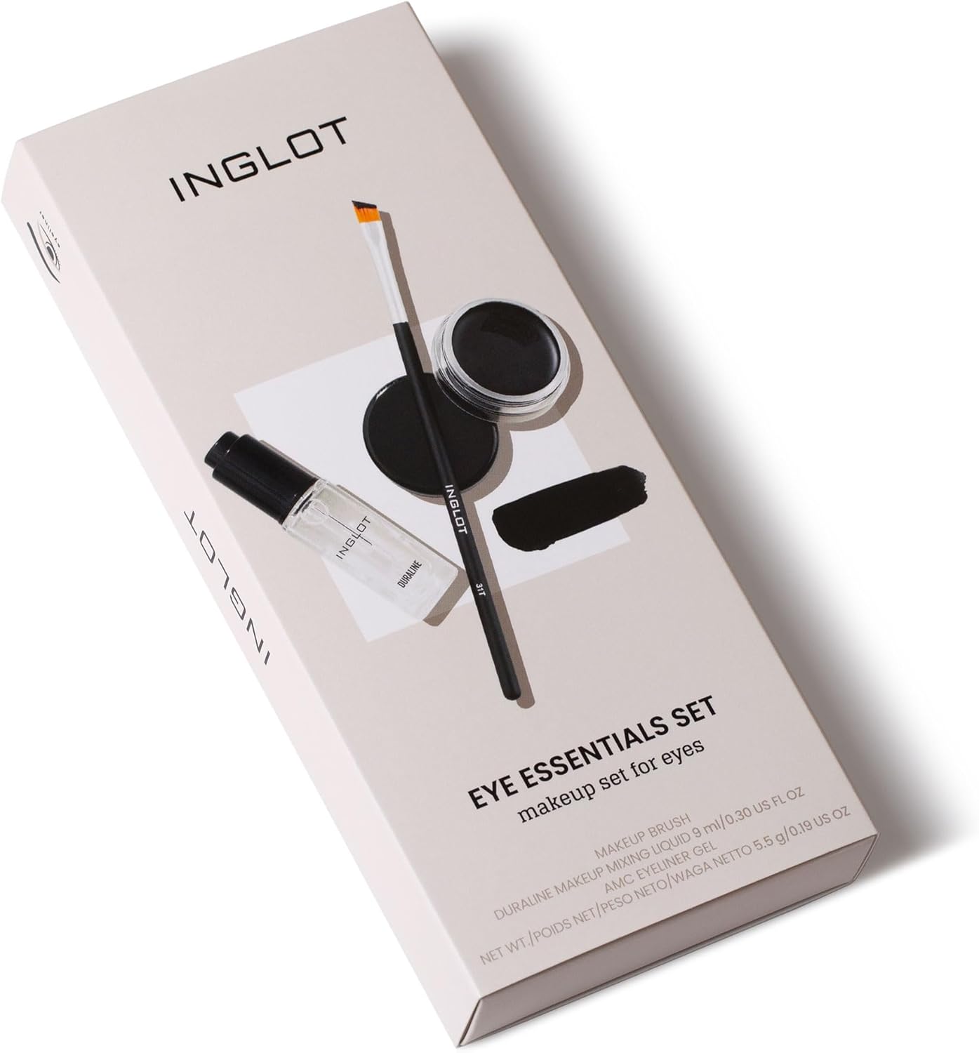 Inglot Eye Essentials Set | Duraline + Amc Eyeliner Gel 77 + Makeup Brush 31T | Black Eyeliner | Prolong Makeup Durability | Transparent | Waterproof |