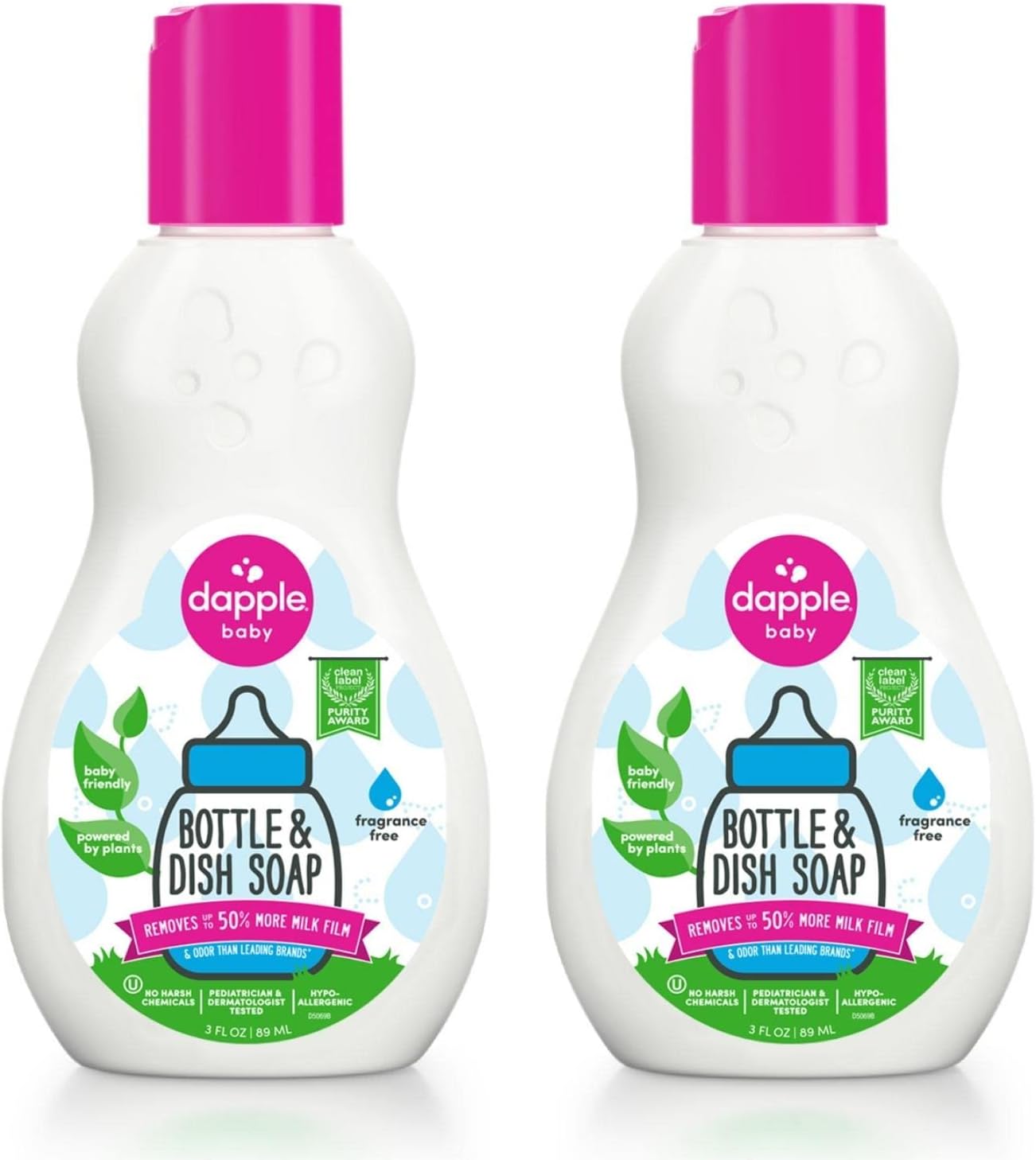 Dapple Bottle And Dish Soap Baby, Hypoallergenic, Plant-Based, Fragrance Free, 3 Fl Oz (Pack Of 2)