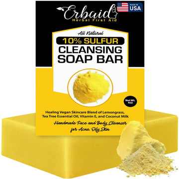 10% Sulfur Soap Cleansing Bar For Face & Body – All Natural Sulfur Facial Cleanser For Acne, Oily Skin – Skincare Blend Of Lemongrass, Tea Tree Essential Oil, Vitamin E, Coconut Milk – Made In Usa