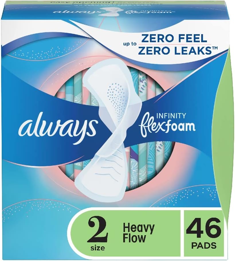 Always Infinity Feminine Pads for Women, Size 2 Regular, with wings, unscented, 46 Count